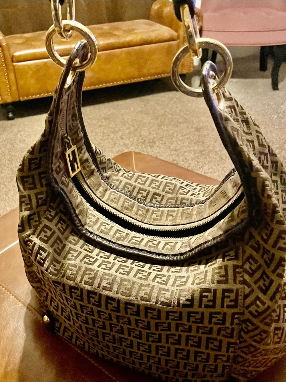 Fendi Brown Monogram Hobo with Braided leather Handle and Gold Hardware
